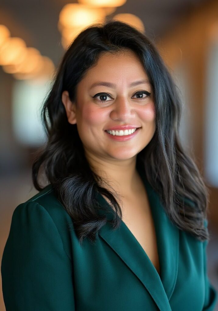 A woman in green jacket smiling for the camera.